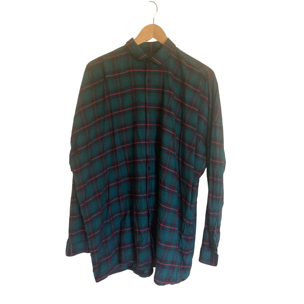 ASOS Mens Green Navy Red Plaid Button Down Shirt Viscose Cotton Blend Small